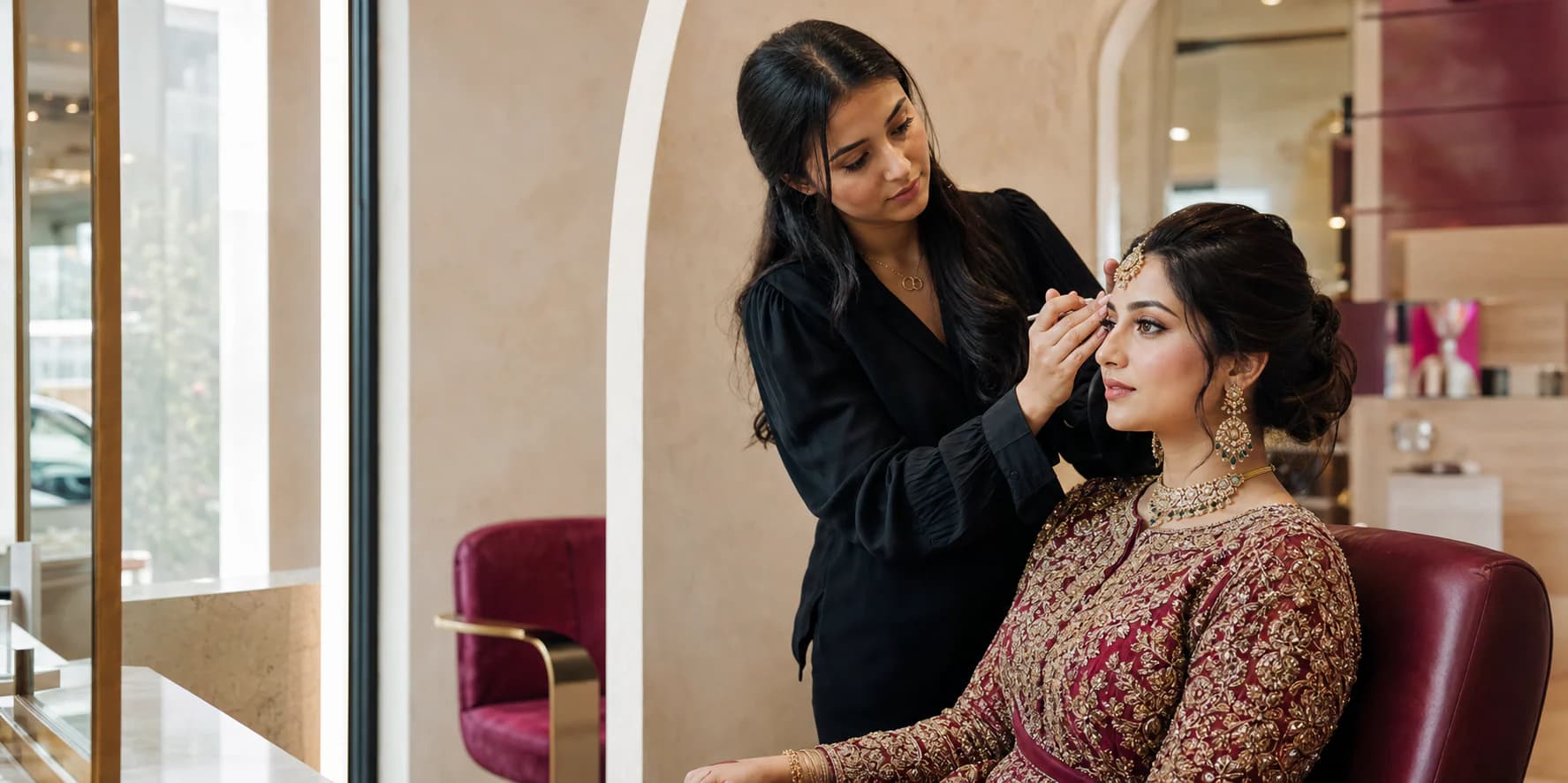 A makeup artist making a final adjustment for a South Asian bride